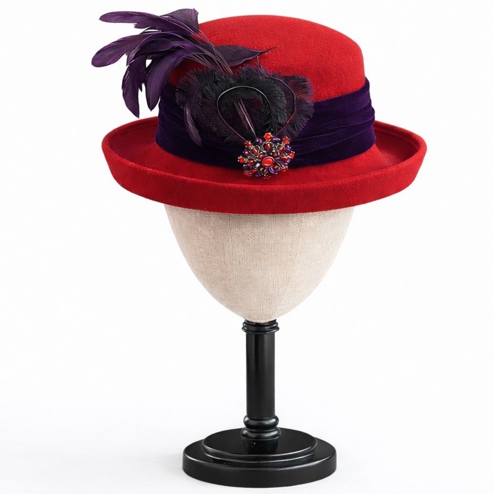 Riviera Vintage Wool Red & Purple‎ Velvet Brooch Derby Party Hat